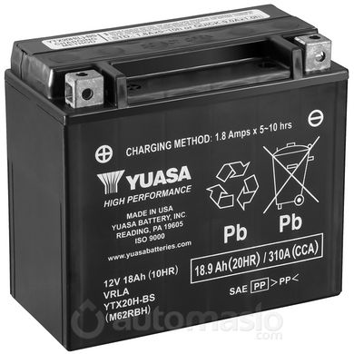 Мото аккумулятор Yuasa МОТО High Performance MF VRLA Battery AGM 12V 18,9Ah YTX20H-BS (сухозаряженный)